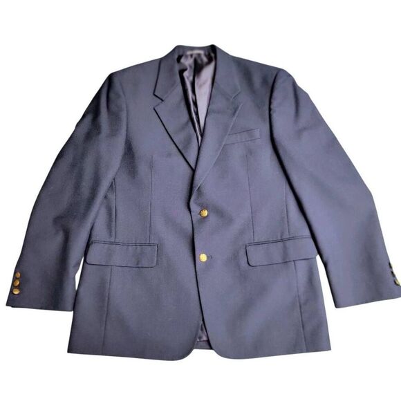 Dark Blue Wool 2 Button Blazer Professional Suit Jacket w Regal Brass Buttons - Picture 3 of 10